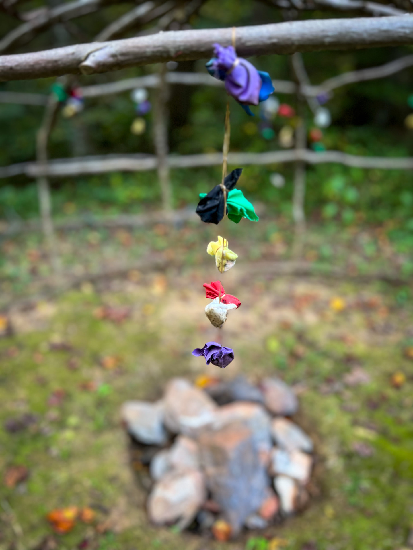 Prayer ties in colored cloth hanging from a branch above a stone fire circle