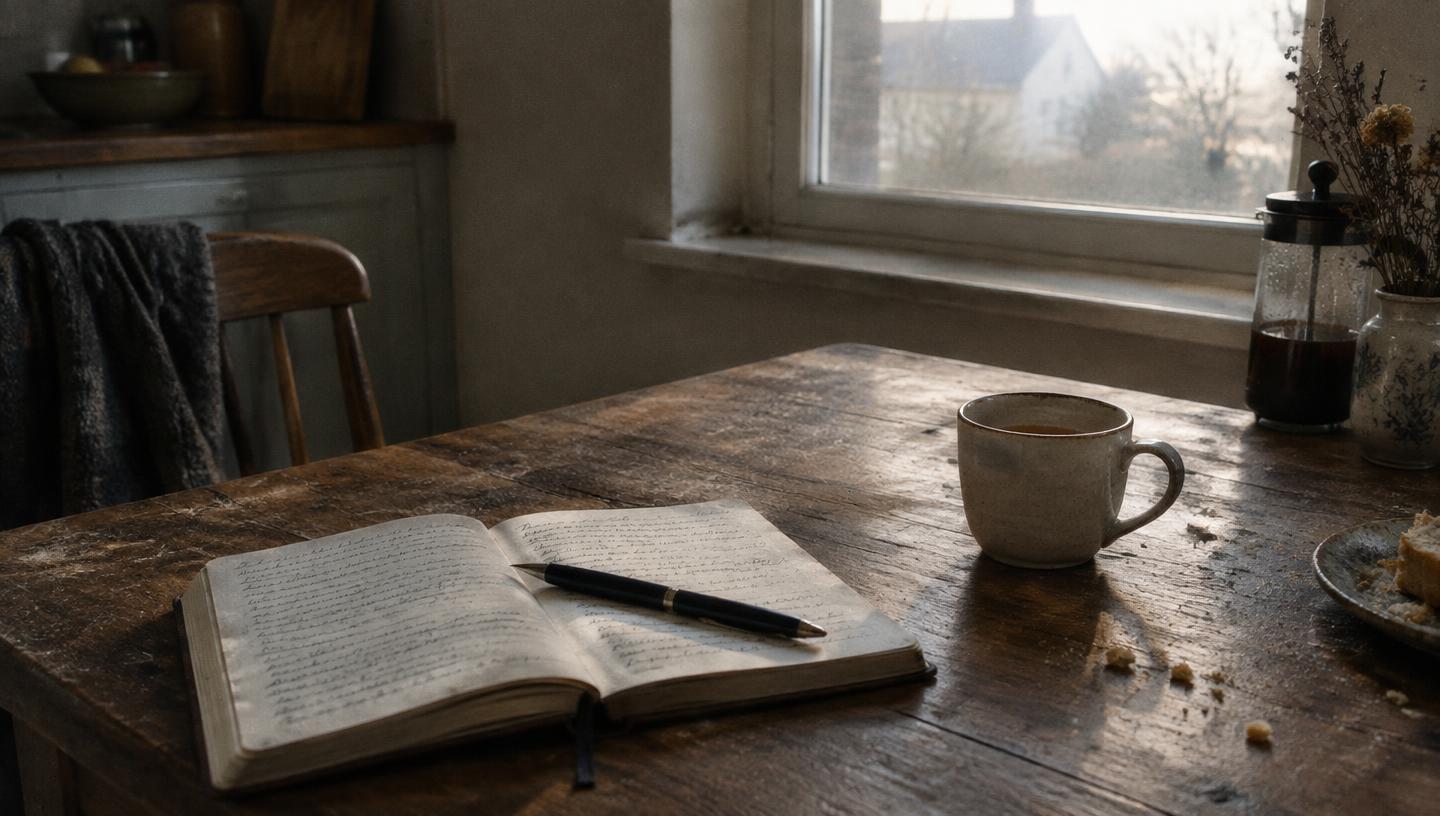 An open journal and a cup of tea on a worn wooden table in morning light